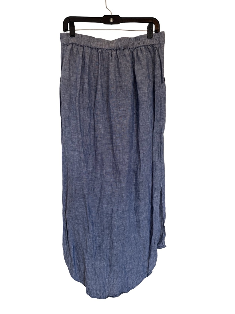 St Tropez West 100% Linen Maxi Skirt Blue Chambray Button Front Pockets Size L - Picture 5 of 6